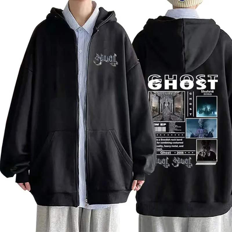 

Ghost Band 2025 New Album Skeleta Zipper Hoodie Terror Skeleton Print Coat Men Women Gothic Metal Rock Oversized Zip Up Hoodies