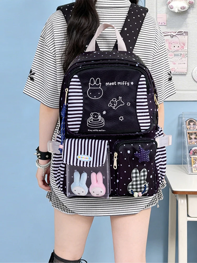 Miffy Striped Cartoon Ita Backpack Korean Style Fashion Casual Daypack For Women Daily School Travel Perfect Gift For Friends