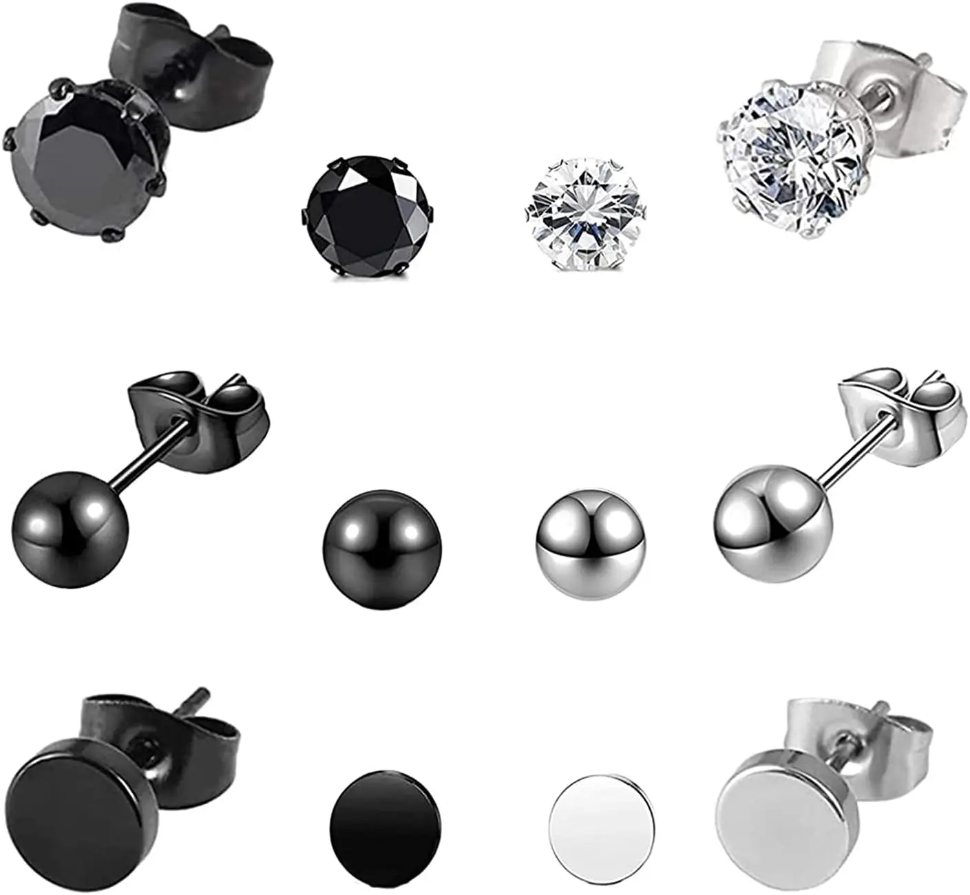 

6 Pairs Black Stainless Steel Stud Earrings - CZ Cartilage Huggie Piercing with Dumbbell Barbell and