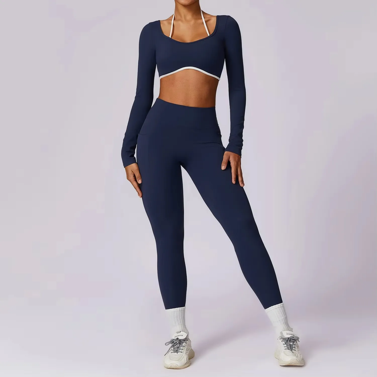 Zestaw do jogi 2PCS Damska odzież sportowa Push Up Odzież treningowa Odzież sportowa Gym Legging Fitness Bra Crop Top Kombinezony sportowe z długim rękawem