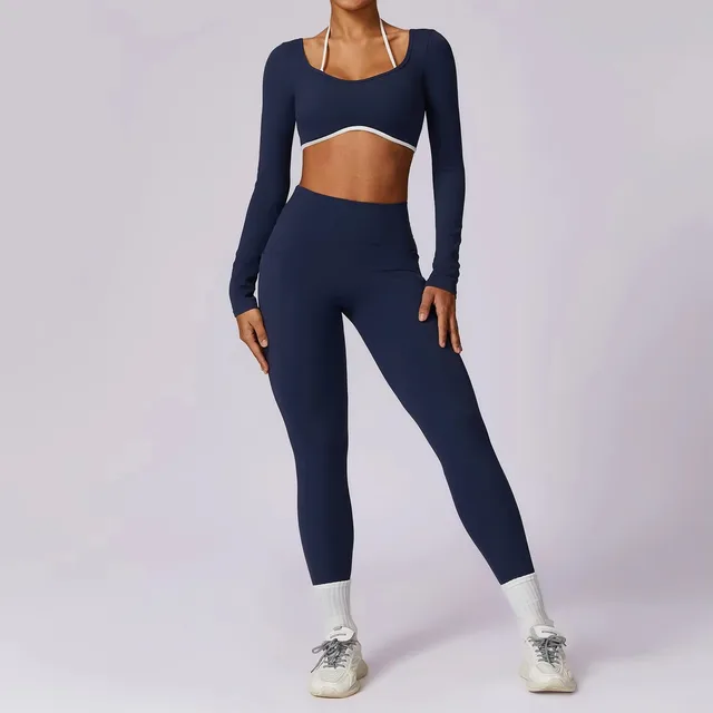 Zestaw do jogi 2PCS Damska odzież sportowa Push Up Odzież treningowa Odzież sportowa Gym Legging Fitness Bra Crop Top Kombinezony sportowe z długim rękawem