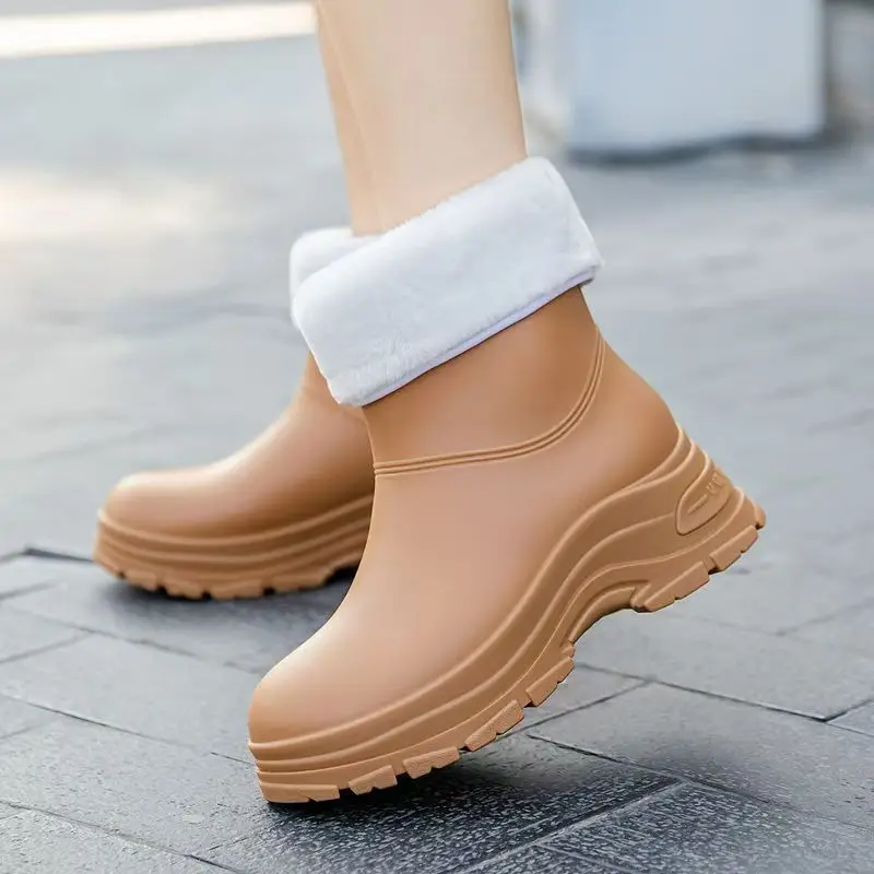 Women's Four Seasons New High Top Slip-On Rain Shoe Thick Sole Non Slip Waterproof Detachable Cotton Cover Work Shoe Water Shoes