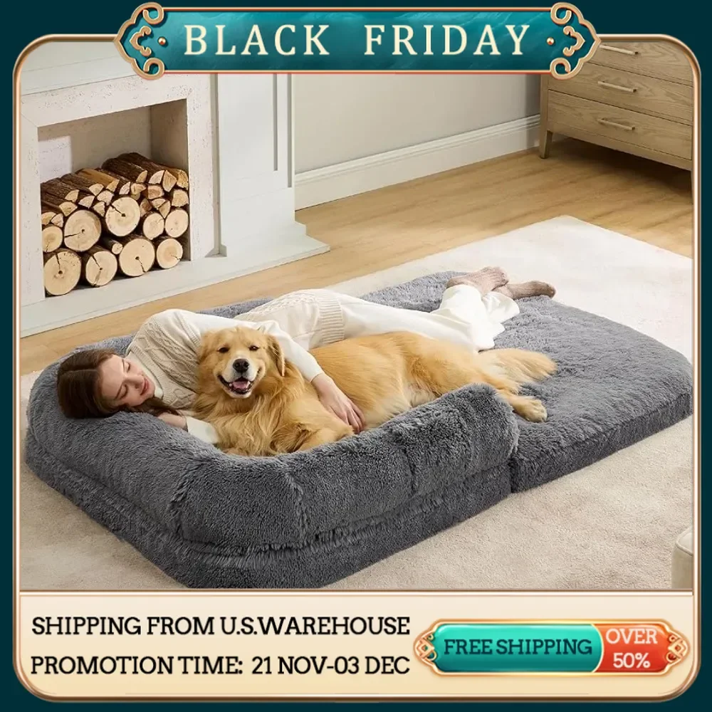 2-in-1 Calming Human Size Giant Dog Bed for Pet Families Suitable for Adults Faux Fur Orthopedic Dog Sofa Kennel Plush Beds Cats