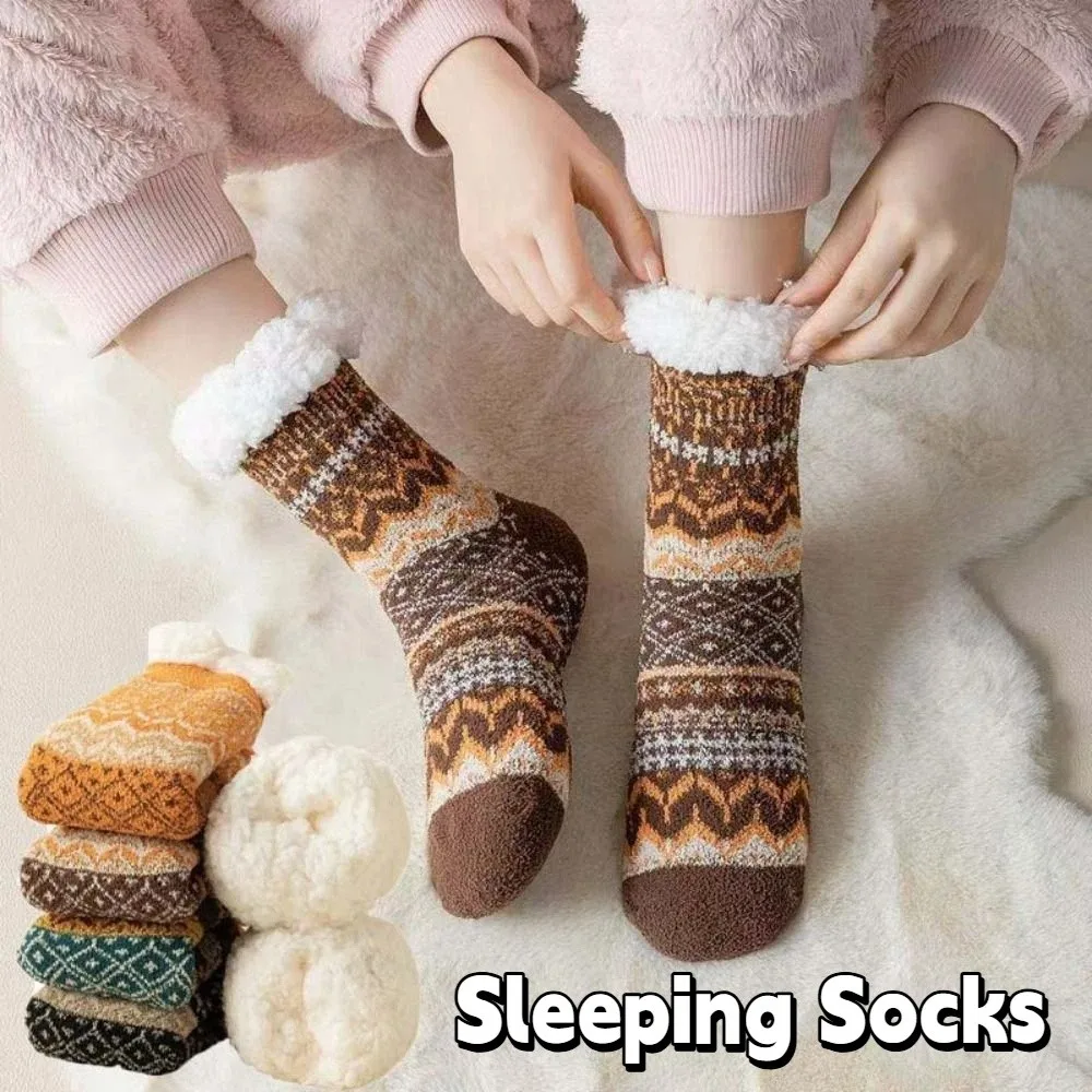 Chaussettes polaires Patchwork pour femmes, antidérapantes, Style ethnique, en velours épais, bonneterie en peluche, chaussettes de sol d'hiver