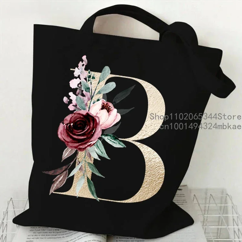 Pink Flower Alphabet Pattern Canvas Shoulder Bag Women A-Z 26 Alphabet Floral Graphic Tote Bags 26 Initials Women Shopping Purse