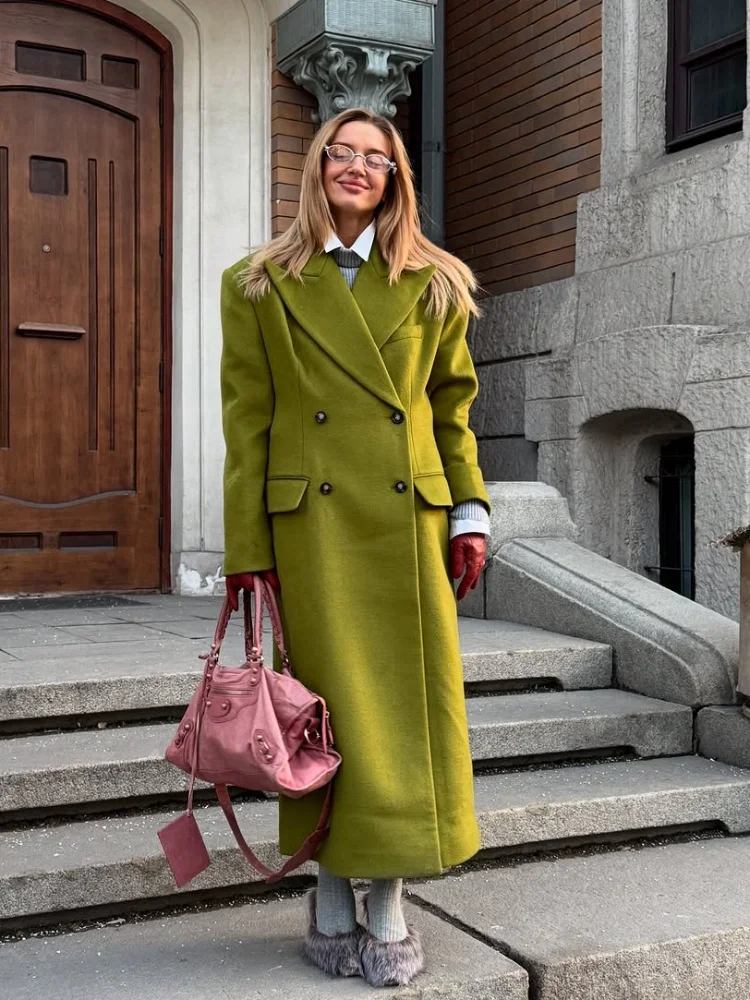 

Зеленое шерстяное пальто, женское модное элегантное двубортное пальто с лацканами и длинными рукавами, карманами, свободное пальто, осенняя женская верхняя одежда 202, пригородная верхняя одежда