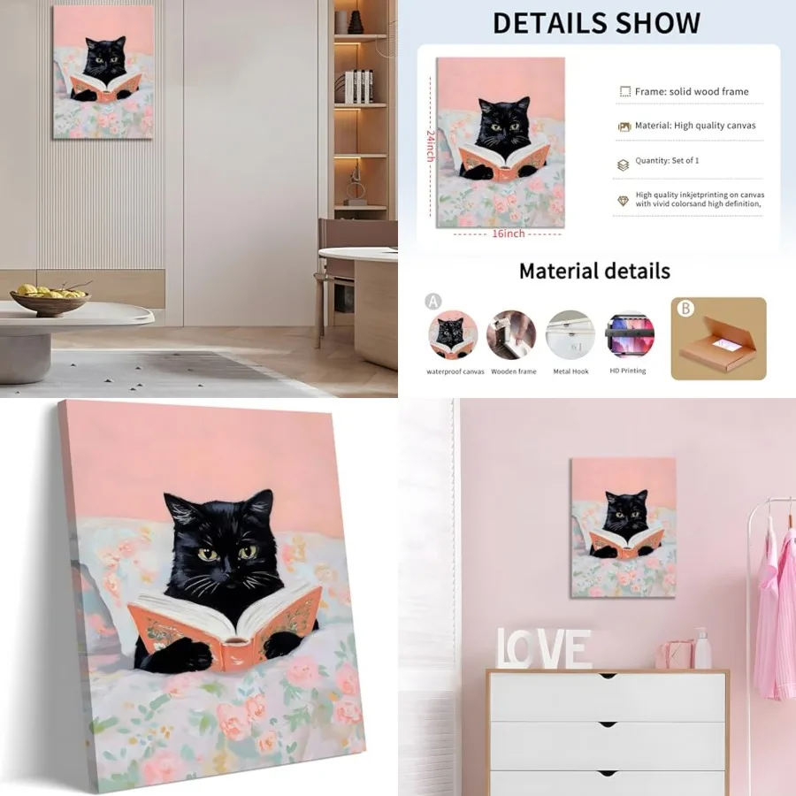 

Framed Cats Canvas Wall Art, Funn Black Cat Reading Books Picture Wall Decor, Pink Vintage Animal Poster Prints for Girls Room Bedroom Kids Room Living Room Bathroom Decor 16x24 inch