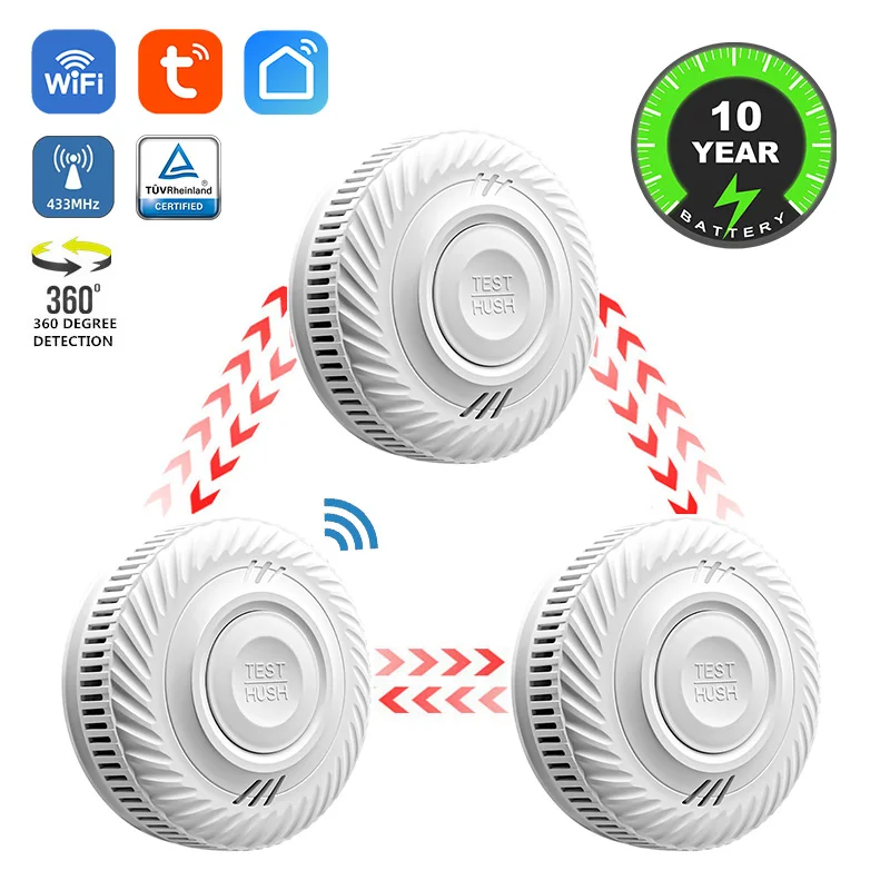 10 Year Battery WiFi Tuya And Multi Device Wireless Interlinked Smoke Detector 433MHz Connect Sensor Cover Home Fire Sound Alarm