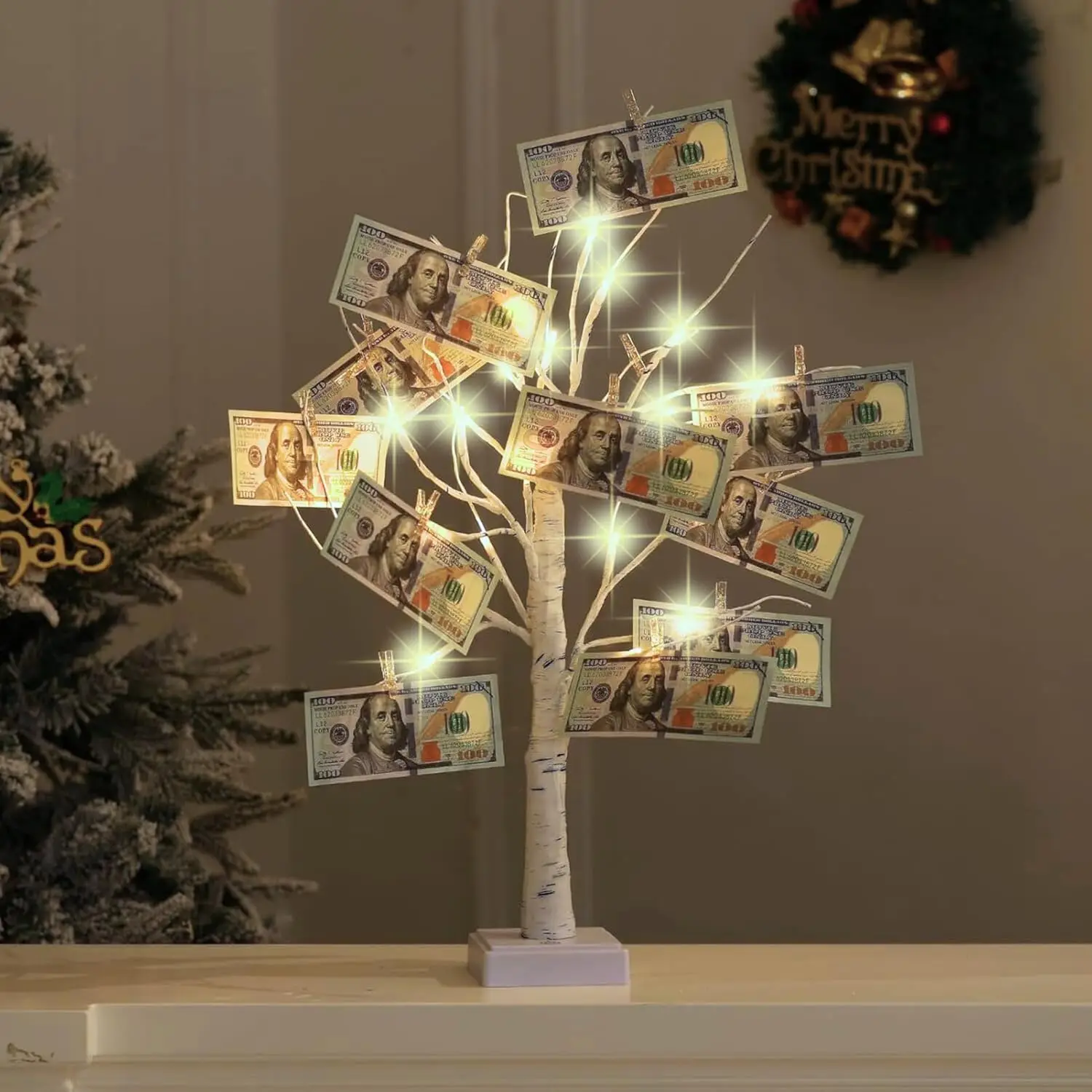 

Держатель подарочной карты денежного дерева с 24 светодиодами, питание от батареи/USB, декор белого дерева с 22 зажимами для фотографий, дня рождения, спасибо