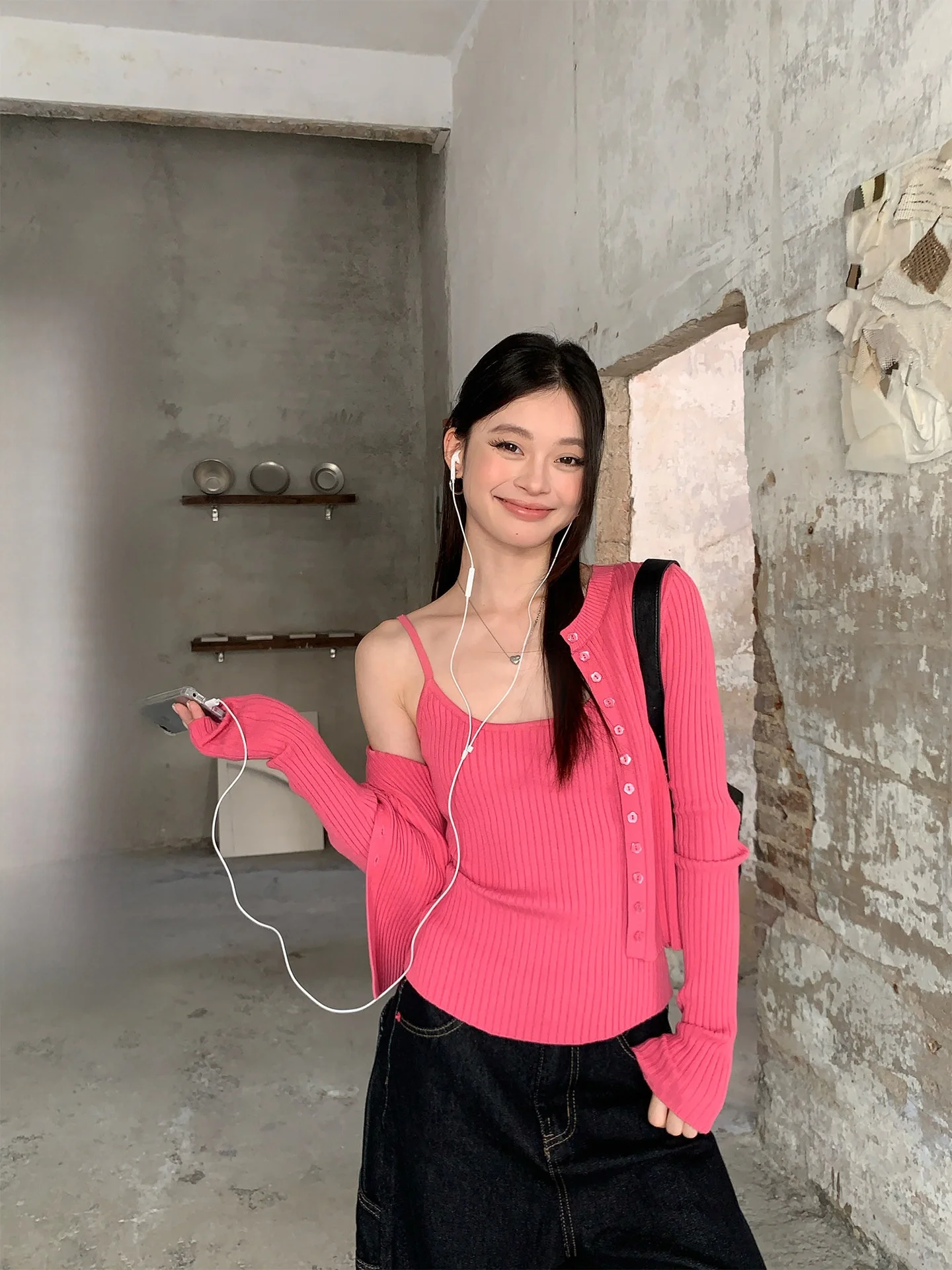 Song Zhengen Spicy Girl Pink Knitted Cardigan And Tank Top Two-Piece Set Women's Fashion Korean Style Commute Style Slim Fit