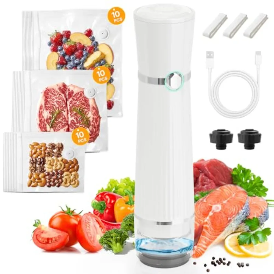 

Portable Vacuum Sealer Machine: Food Storage Preservation Automatic Air Sealing System with Reusable Bags Wine Stopper and Kitc