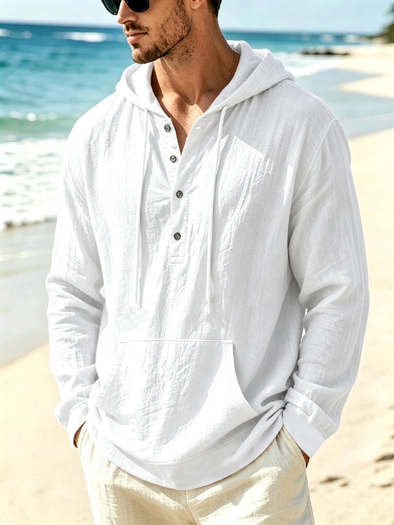 Men's Henley Hooded Casual Shirt, Beach Vacation Relaxed Style, Half Button Placket, Drawstring Hood & Kangaroo Pocket, Breathab
