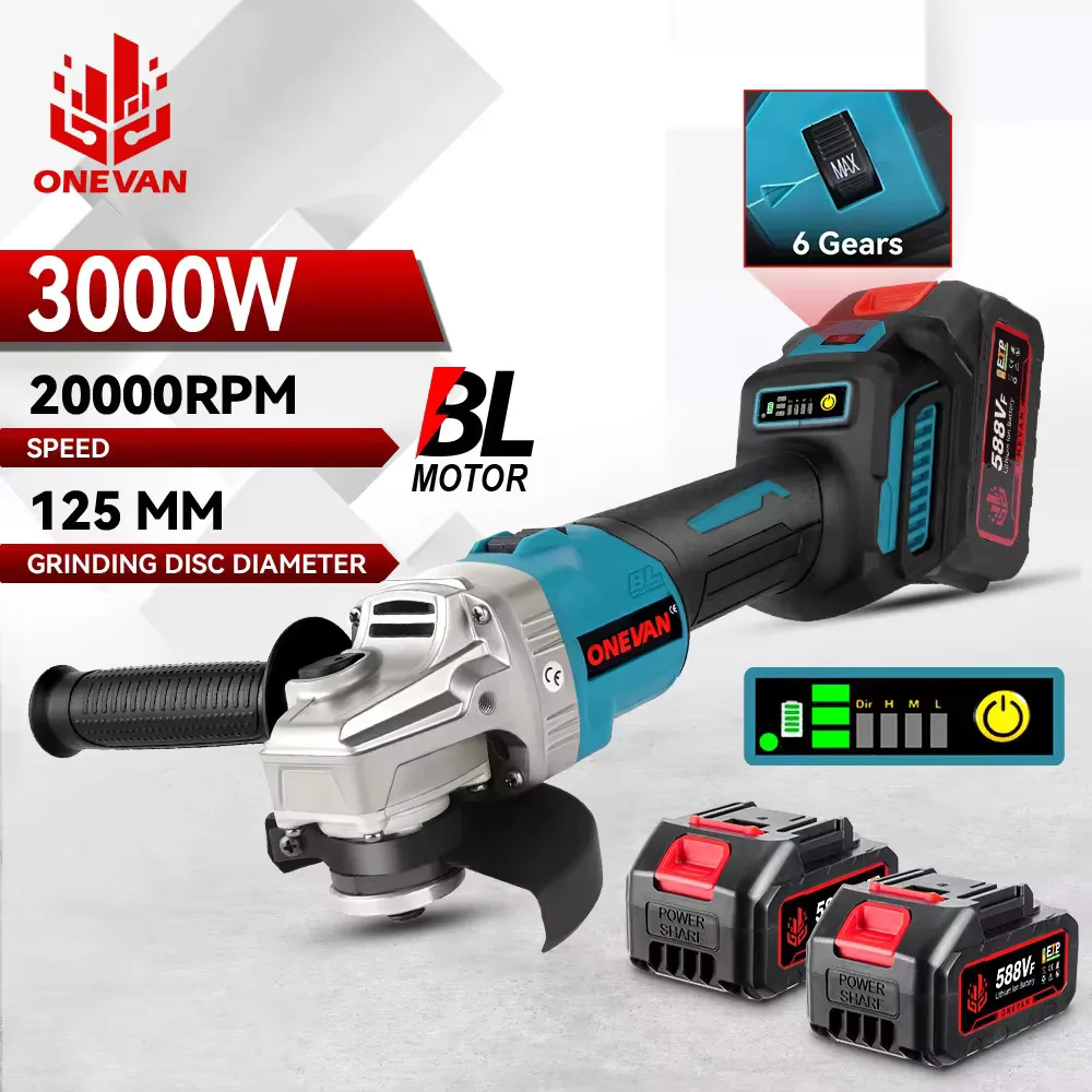 ONEVAN 6Gears Brushless Electric Angle Grinder 125MM Rechargeable Angle Grinder Polishing Power Tools For Makita 18V Battery Pin