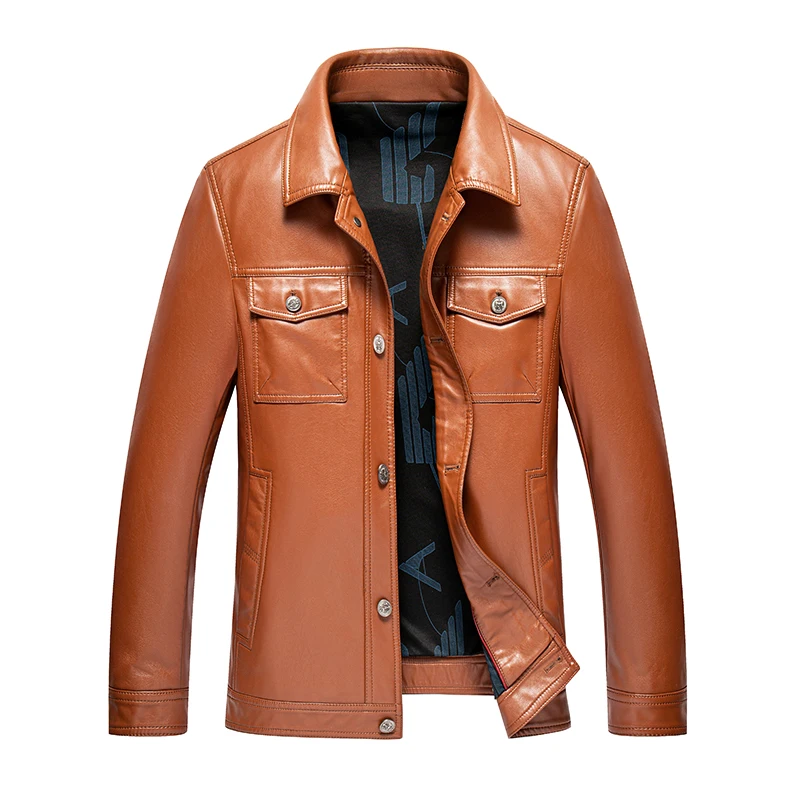 2021 Fashion Luxury Men's Leather Jacket Turn-down Collar Short Winter Warm Velvet Leather Jacket Men Motorcycle Coat, M-4XL