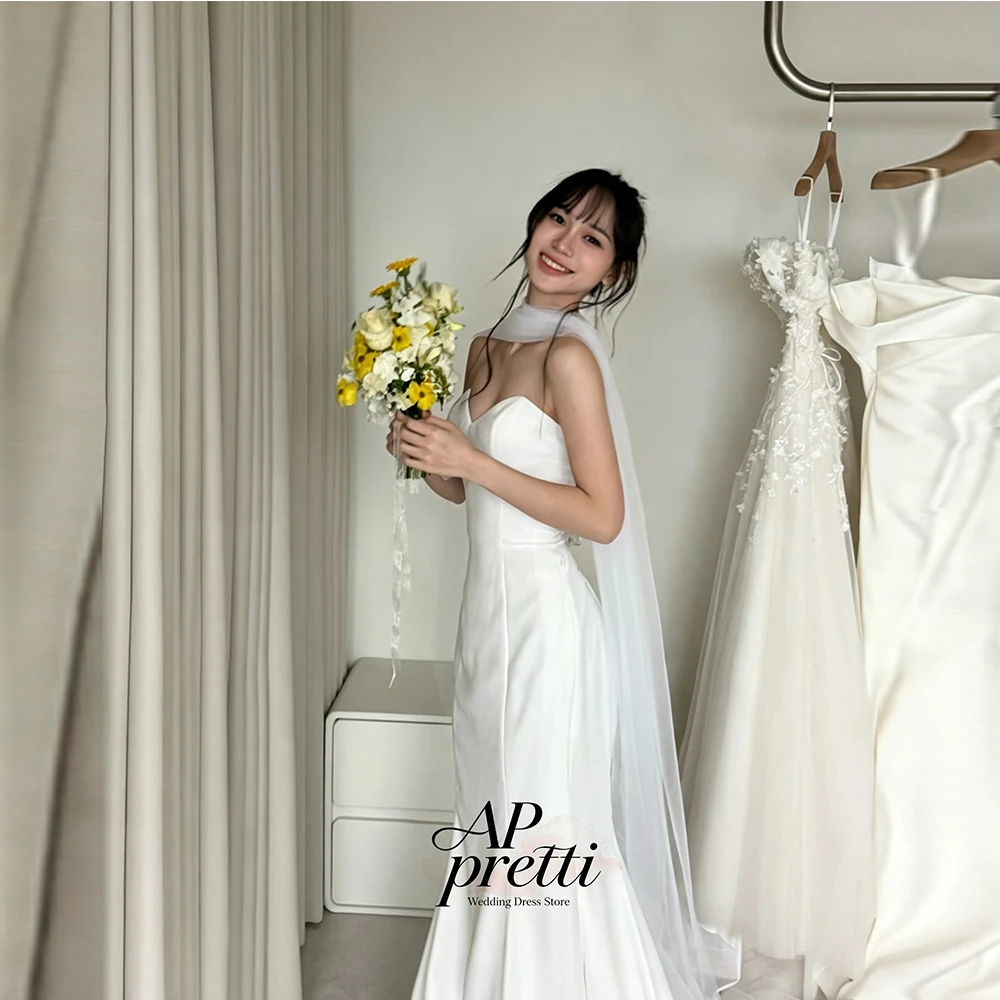 AP pretti Ivory Satin Korea Wedding Dress Photo Shoot Sweetheart Mermaid Trumpet Customized Sleeveless Floor-Length Bridal Gown