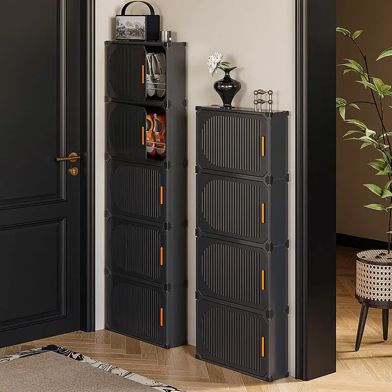 Shoe Cabinet Slim Narrow Black Plastic Stackable Breathable Grille Door Multi-Layer Free Standing Storage Organizer For Entryway