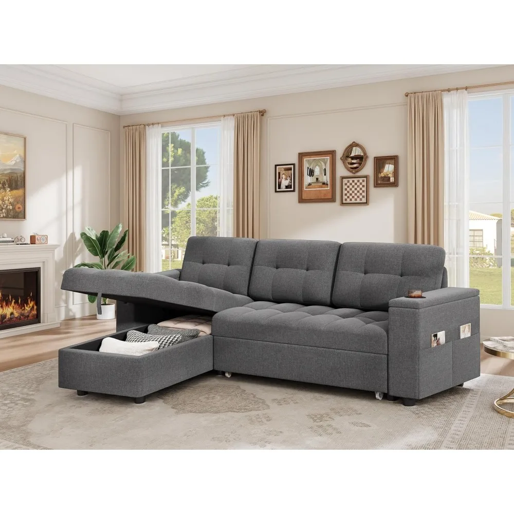 Sofa Tidur, Tempat Tidur Sofa Berbentuk L dengan Kursi Penyimpanan & USB, Tempat Tidur Sofa Reversibel dengan Tempat Tidur Tarik, Sofa Konvertibel Kain 4 Dudukan