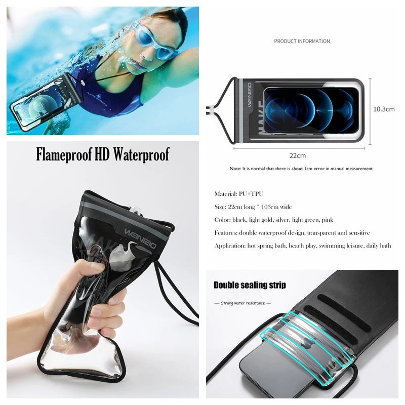 7.5 inch Waterproof Phone Bag Touch Screen Swimming Takeaway Cycling Diving Drifting Hot Spring Rainproof Phone Holder Pouch