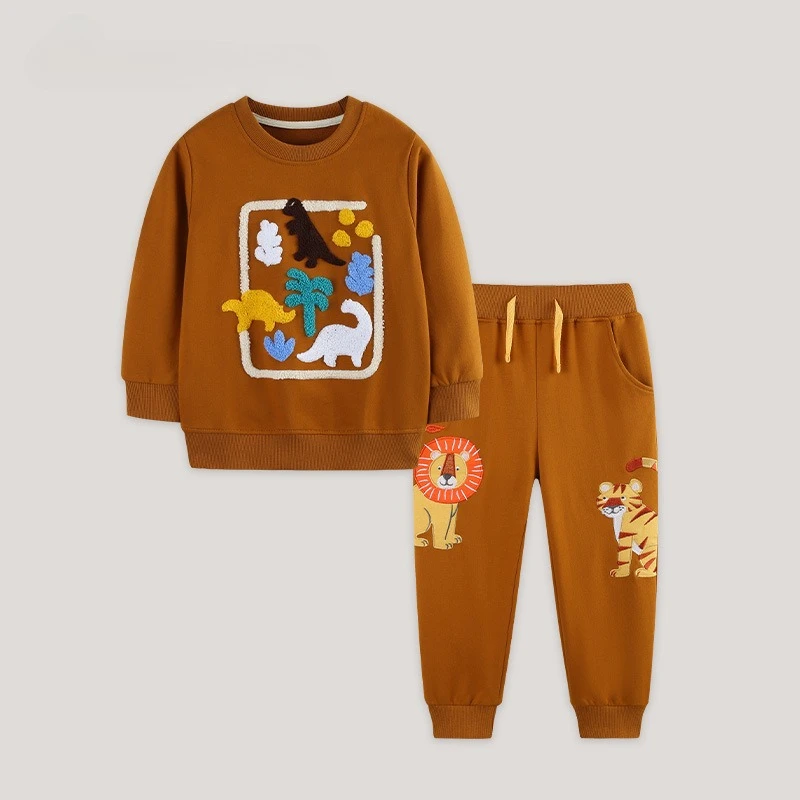 2-7T Toddler Boys 2Pcs Clothes Set Outfit Dinosaur Embroidery Sweatshirt Lion Tiger Cartoon Jogger Pants Kids Casual Tracksuit