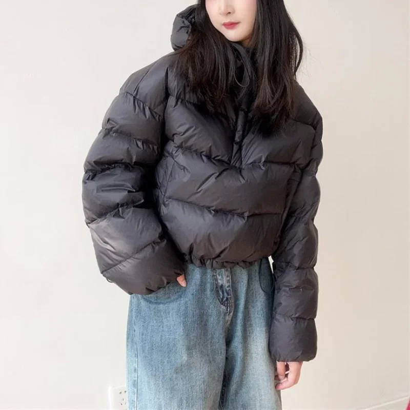 American Short Pullover Hooded Cotton Padded Jacket Half Zip Hoodie Parkas Women Winter New Niche Thick Warm Bread Coats Trendy