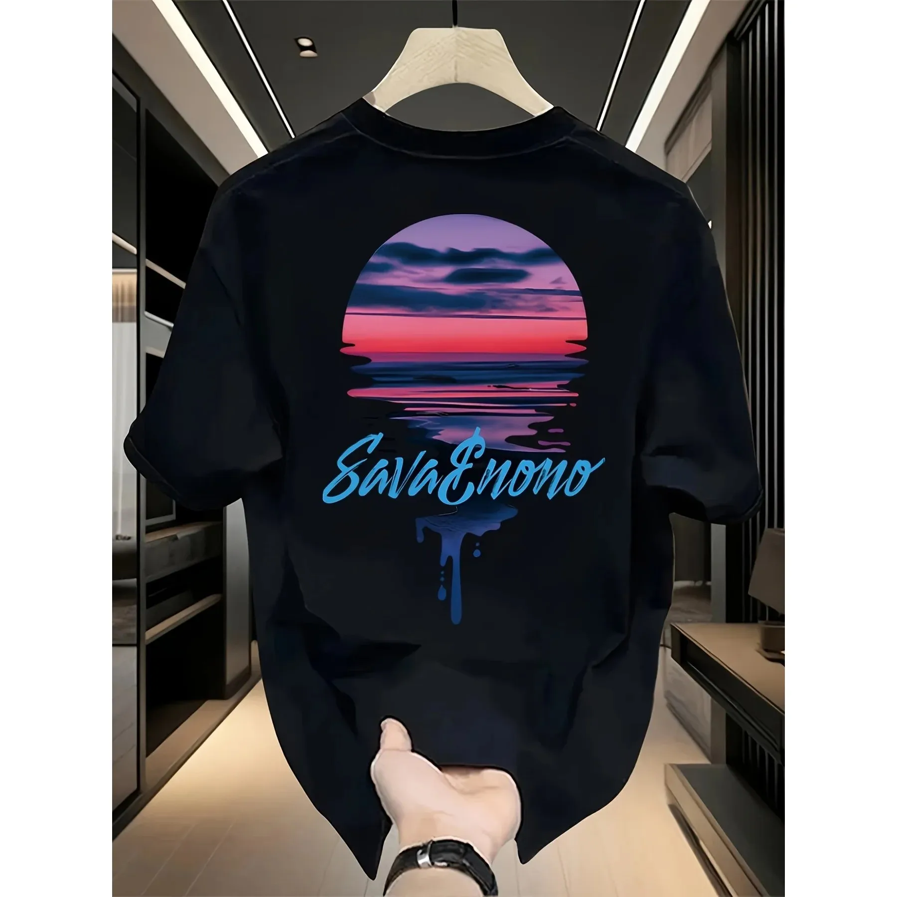 Sunset Ocean Drip Graphic Men's Cotton Round Neck T-Shirt Short Sleeve Casual