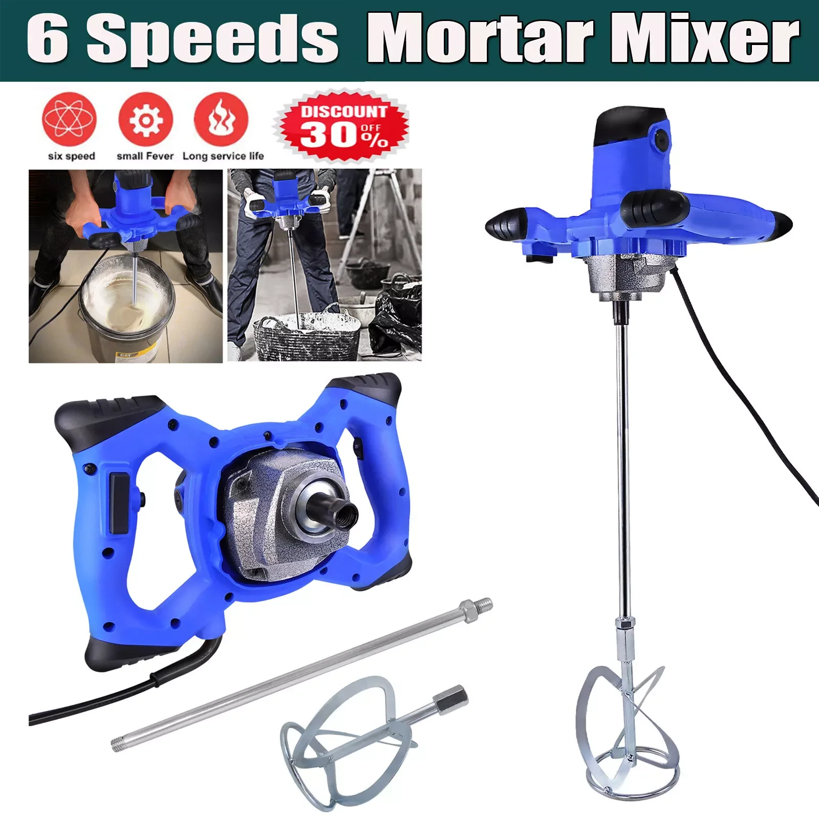 DayPlus 2600W Concrete Electric Mixer Machine Paddle Mixer,1700 U/min 6 Gear Adjustable Paint Mixer,M14 Threaded Rod, 2M Cable