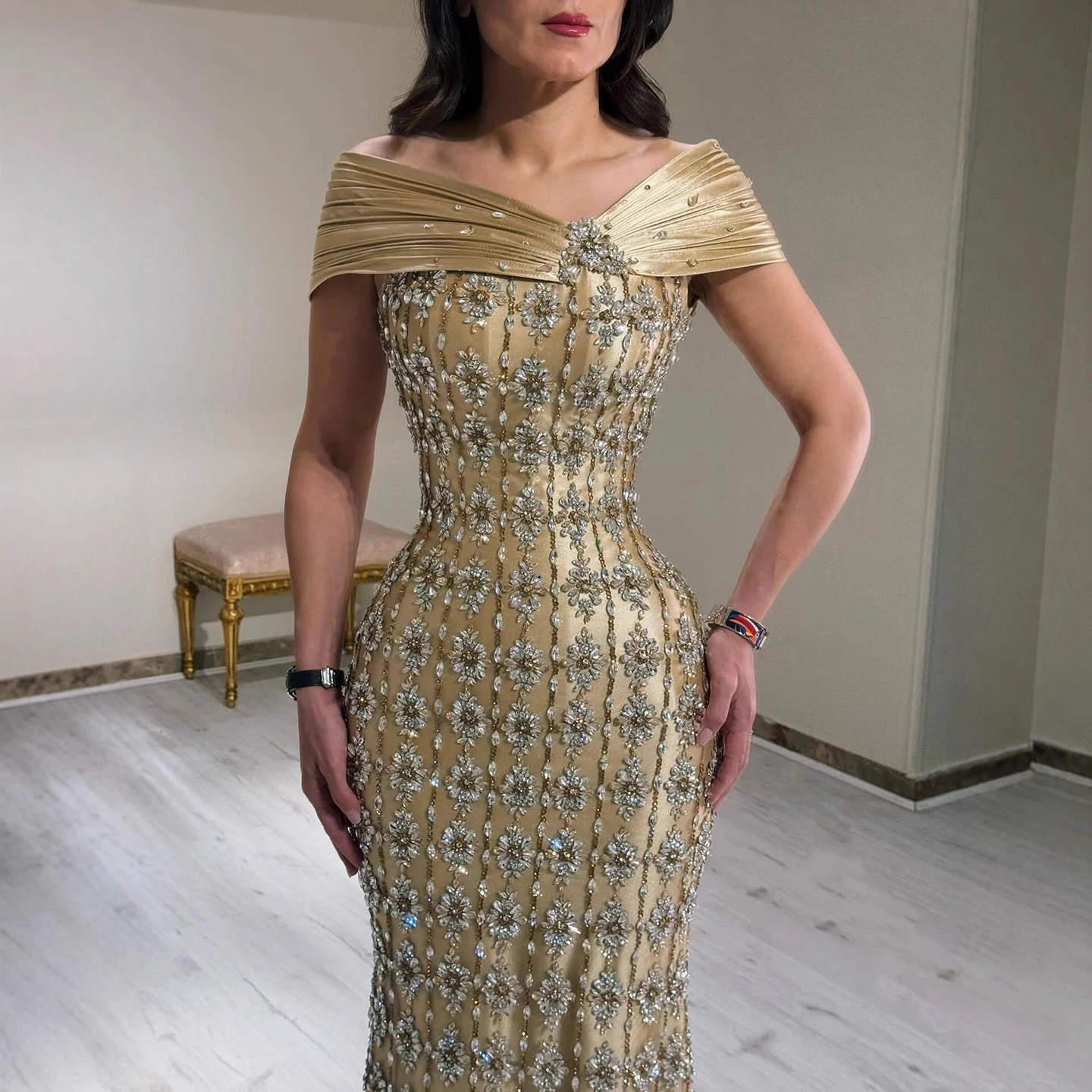 فستان سهرة من Serene Hill LA73362 فساتين حورية البحر الفاخرة باللون الذهبي العربي مكشكشة للنساء مطرز للحفلات 2026 حسب الطلب