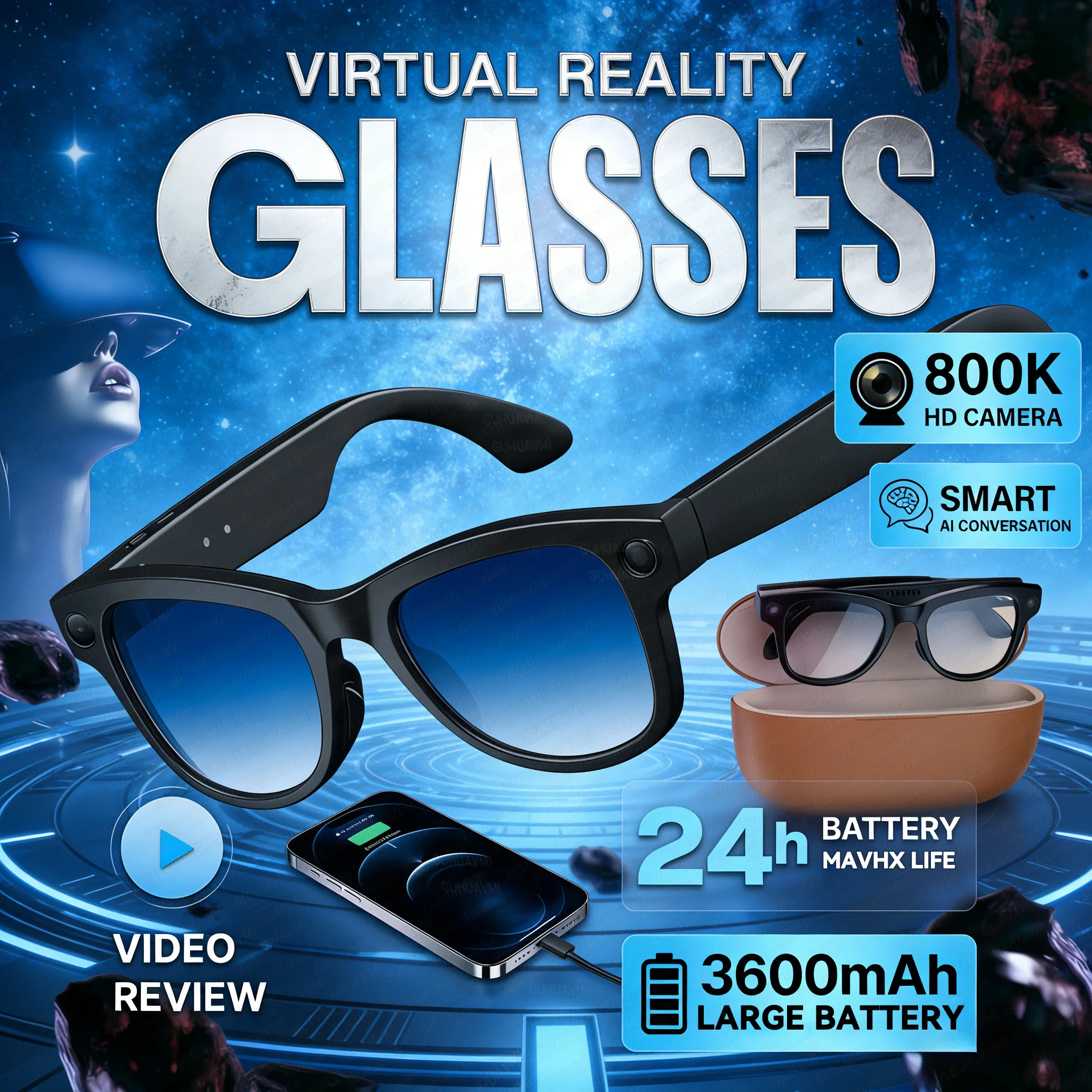 2026 L'aggiornamento viene fornito con custodia di ricarica smart glasees Videocamera Registrazione video AI Riconoscimento foto Traduzione Occhiali da sole vocali da uomo