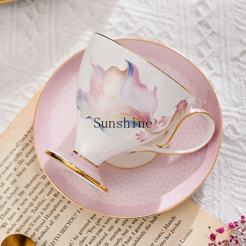 Floating Koi Bone China British Afternoon Tea Cup Saucer Black Tea Coffee Mug High-end Gift