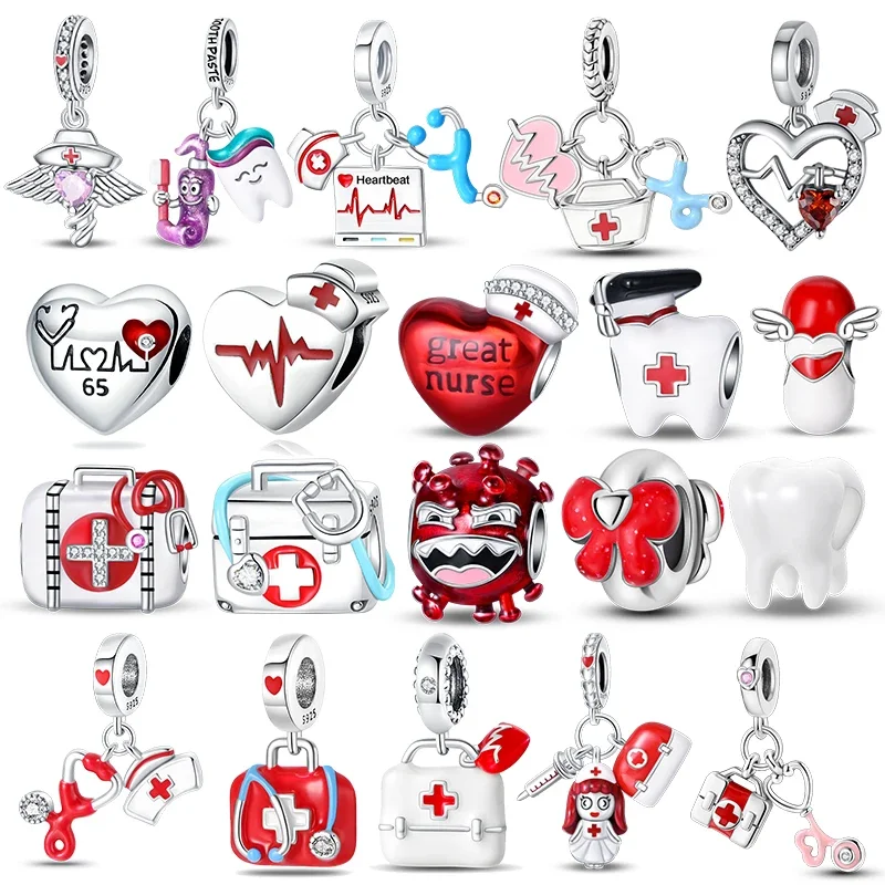 Medical Box Nurse Cap Heart Charms Tooth Stethoscope Beads Fit 3mm Original Bracelet Women 925 Silver Fine Charms Jewelry Gifts