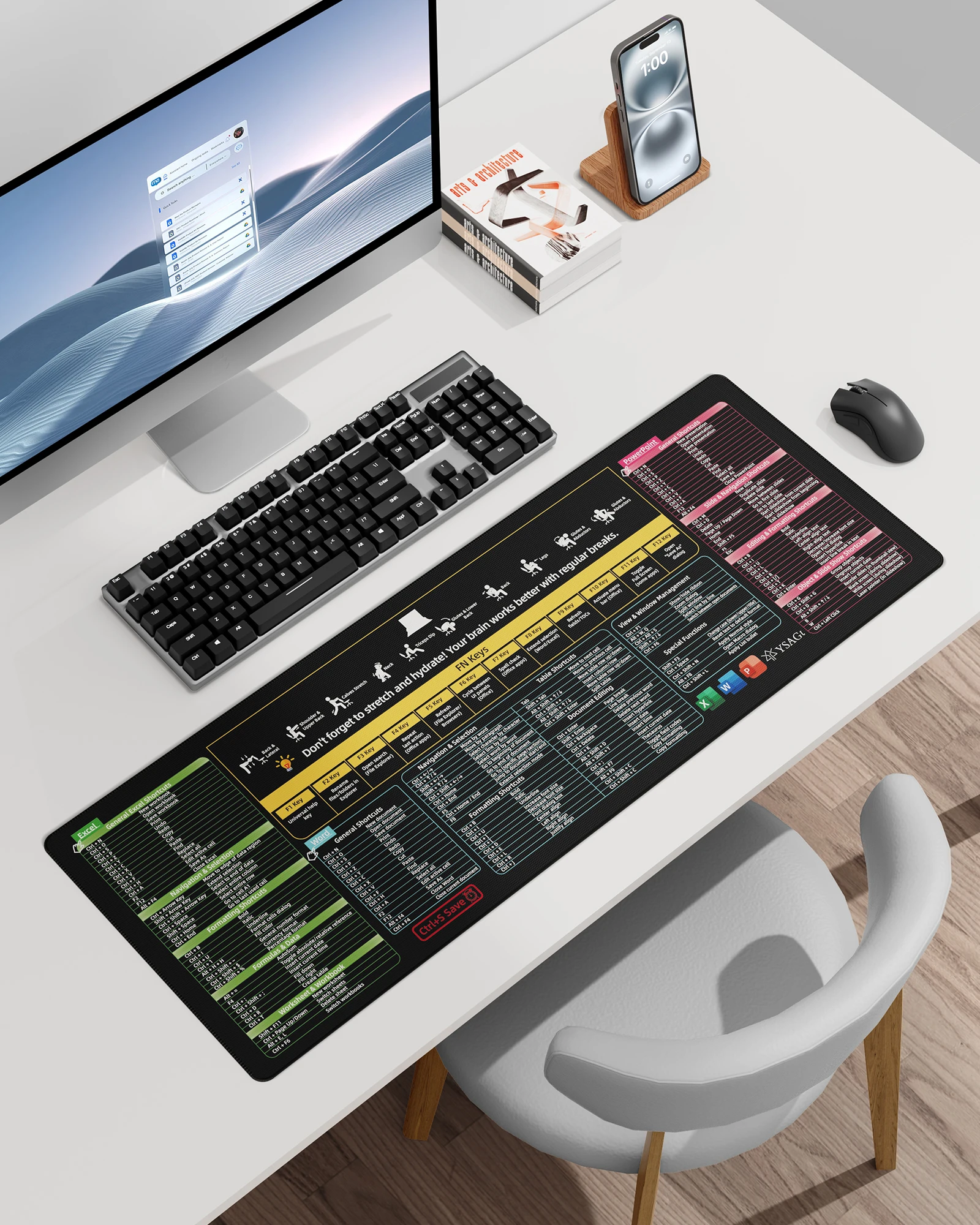 لوحة ماوس اختصارات المكتب، لوحة مكتب كبيرة ممتدة للوحة المفاتيح لألعاب Excel Word Power Point، حصيرة مكتبية بحافة مخيطة
