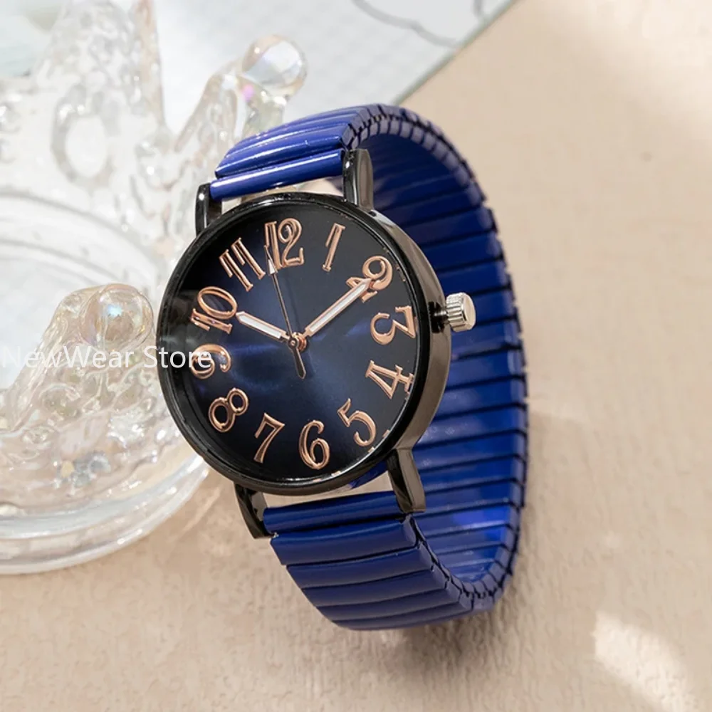 Luxury Simple Digital Blue Ladies Quartz Watch Fashion New Brand Stretch Stainless Steel No Buckle Women Clock Watches