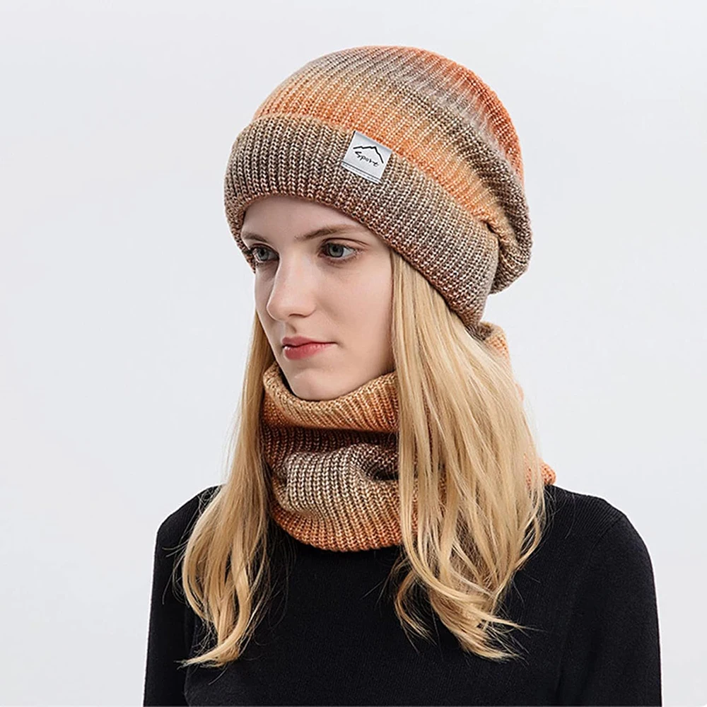 Conjunto de gorro y bufanda de invierno para mujer con forro polar, calentador de cuello suave, gorro de punto holgado para mujer, Color degradado