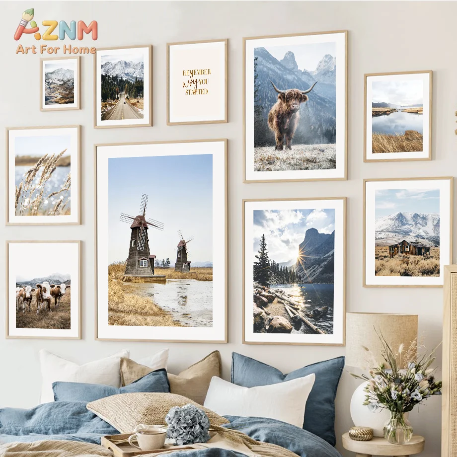AZNM Rustic Farm Mountain Canvas Wall Art Print, Highland Cow Windmill Lake Nature Landscape Inspirational Quote Country Home De