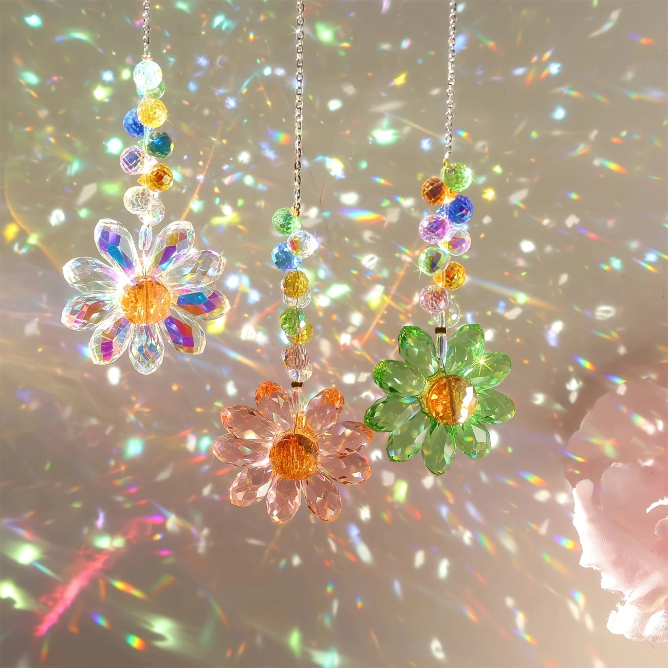 3PCS Multifaceted Glass Crystal Flower Garden Suncatchers - Colorful Beads Hanging Decor for Windows, Gardens, Wedding Occasio