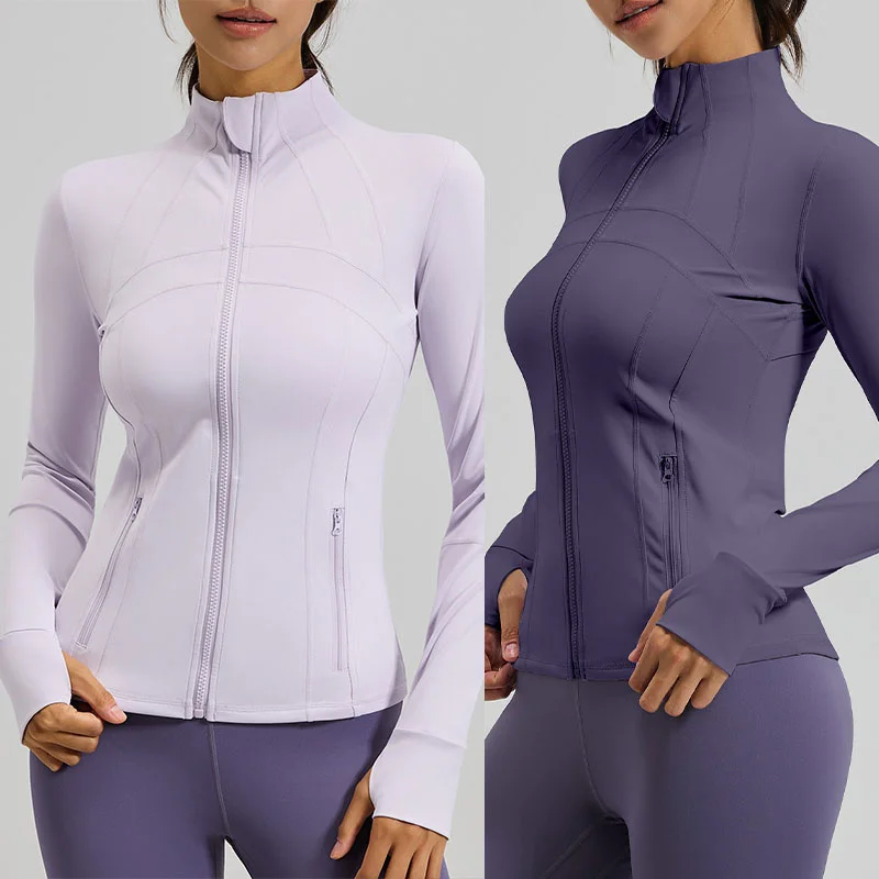Schnell trocknende Stehkragen-Fitnessjacke für Damen, schmale Passform, Reißverschlusstasche, Yoga-Tops, langärmelig, eng anliegend, für Laufsport, Radfahren