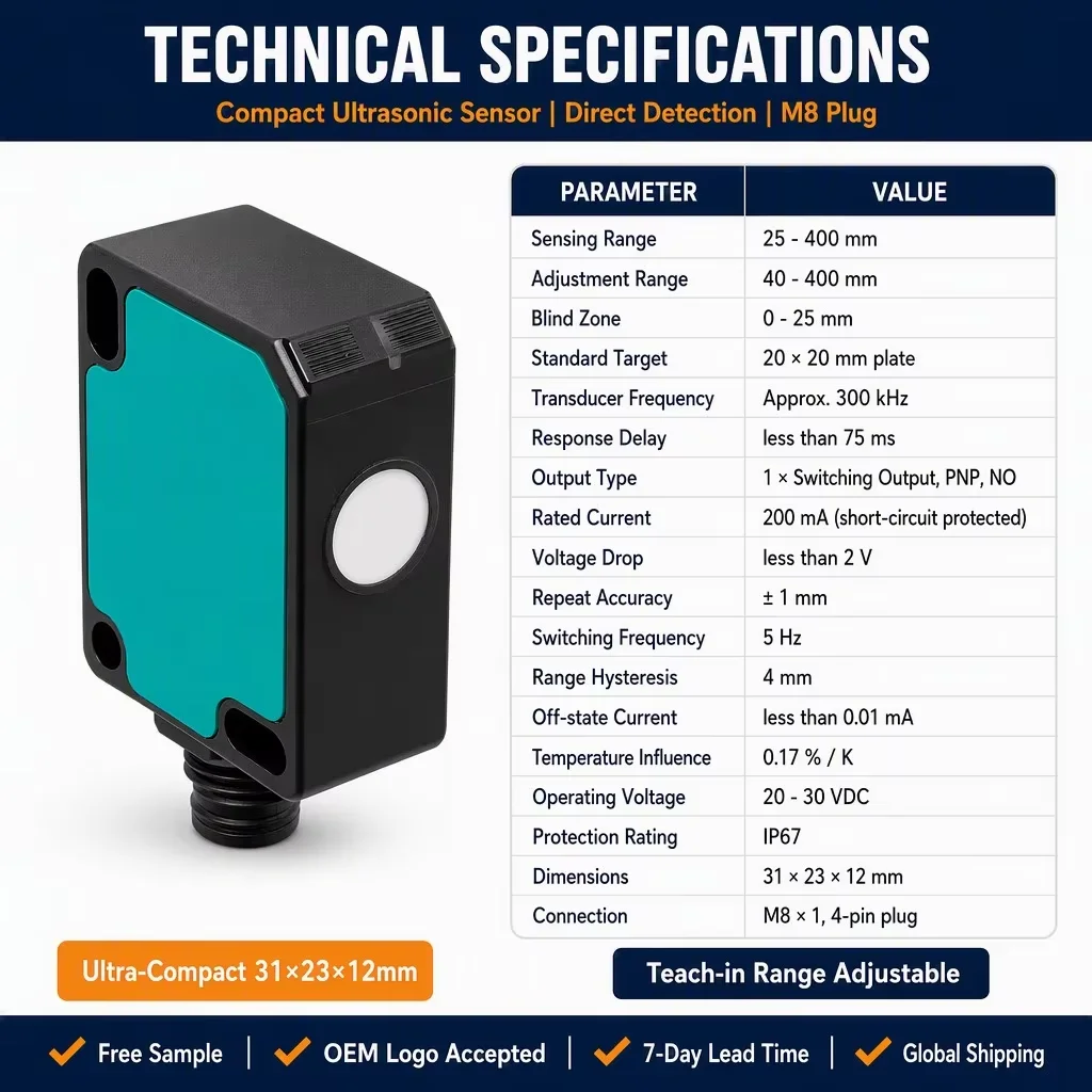 UB200-F77-E2-V31 Ultrasonic direct detection sensor NPN PNP 4-20mA 0-10V Output Voltage 10-30VDC IP67