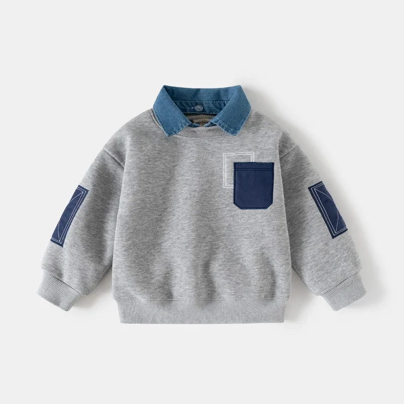 UNITIM Children Boys Fake Two Piece Sweatshirts 2026 Autumn Kids Boys Pullovers Loose Partched Pockets 2-8Yrs Boys Polo Shirts