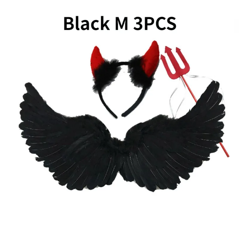 3pcs Anime Cosplay Black Feather Devil Wings Swallow Shaped Kids Adult Performance Feather Wings Bride Flower Child Dress