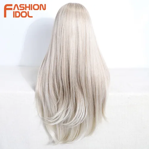 Imagen 2 del producto FASHION IDOL Pelucas de encaje rectas de 30 pulgadas/75 cm, pelucas sintéticas con frente de encaje rubio ombré para mujeres con flequillo, peluca resistente al calor