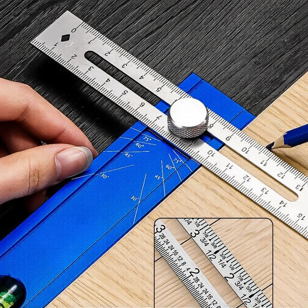 Adjustable Protractor Tool For Multi-Angle Marking With Level Aluminum Alloy Ruler For Woodworking DIY Projects