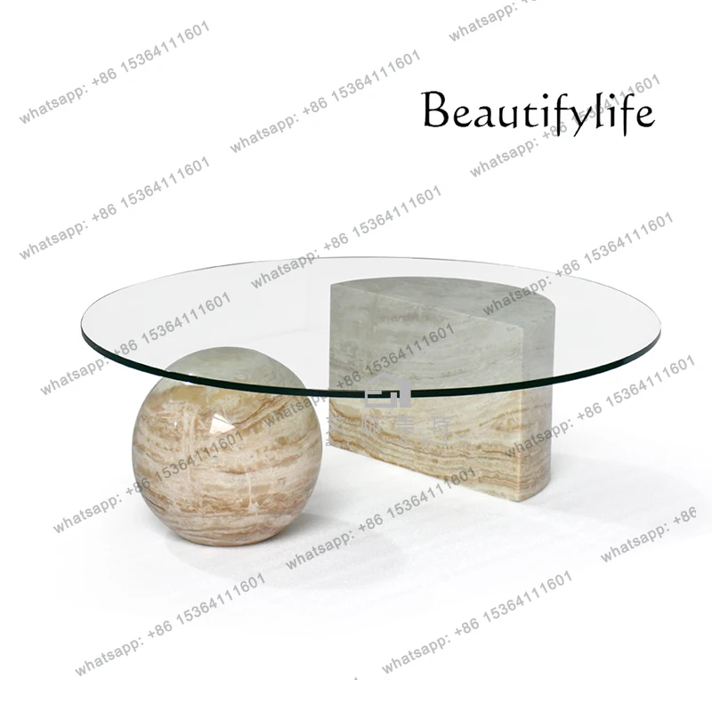 

Italian minimalist marble coffee table living room size light luxury simple designer round glass