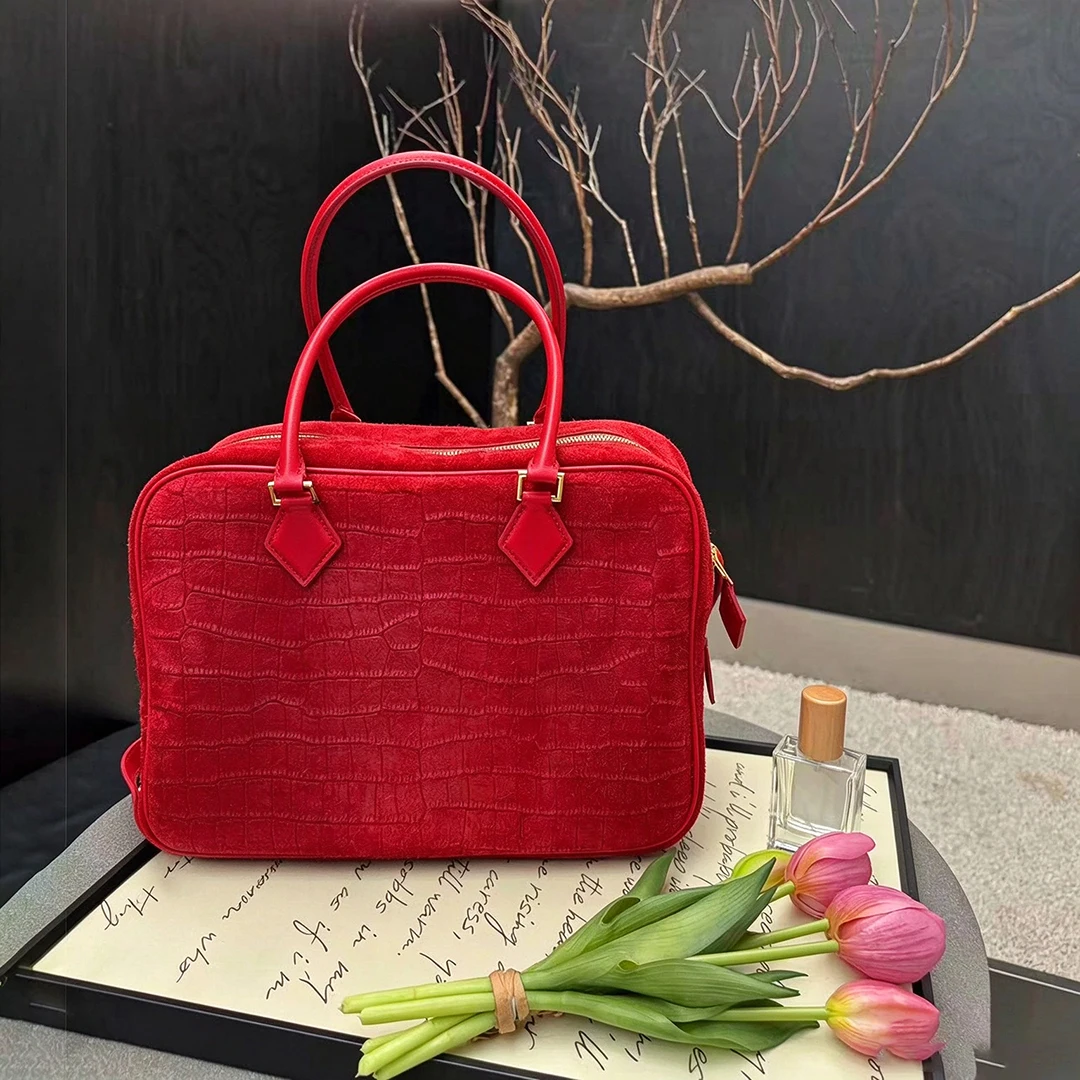 Mendy Women Ladies Bowling Bags Suede Bag Shoulder Top Handle Handbag Purse Vintage Crocodile Embossed Work Commuting Hand Held