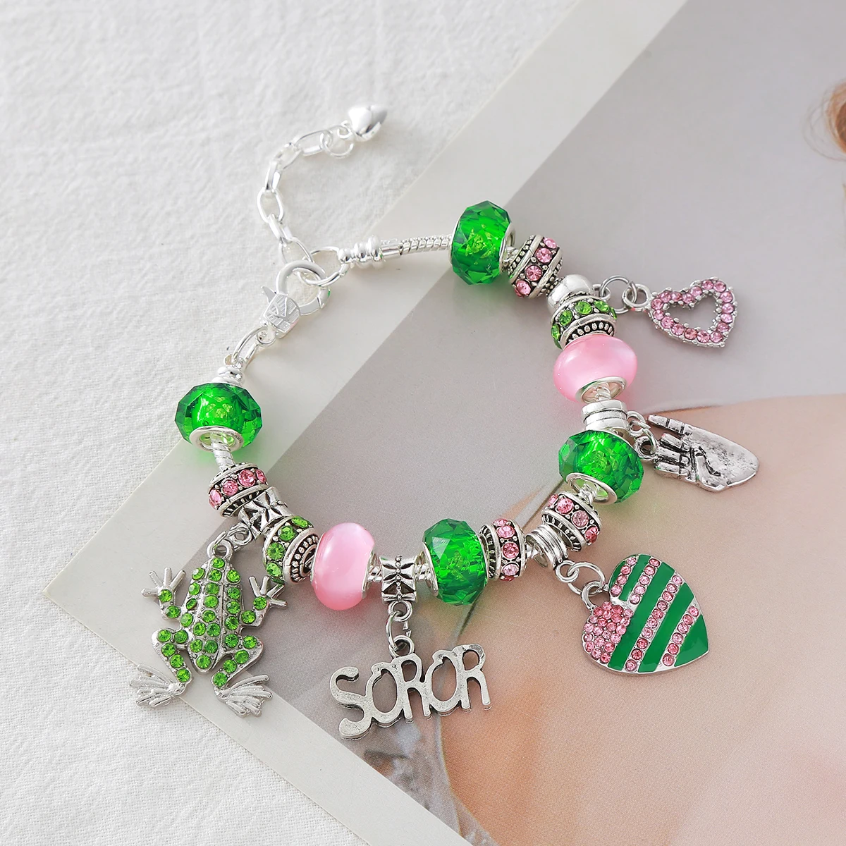 Gesture Frog Heart Variety Charm Pink Green Organization Soror Greek Alpha Bracelets Women Sorority Jewelry