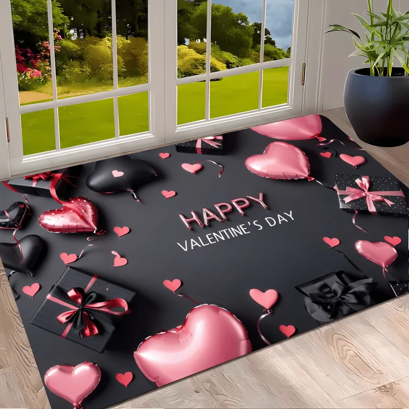 Happy Valentine's Day Flannel Rug Heart Balloon Gift Box Print Floor Mat Soft Non-slip Area Carpet for Living Room Bedroom