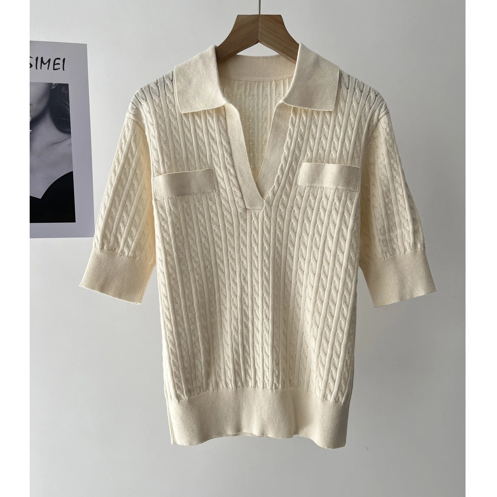

Women's Retro Skin-friendly Pure Cotton Polo Shirt Neck Striped Medium Sleeve Knitted Sweater Spring and Summer 16a-1177