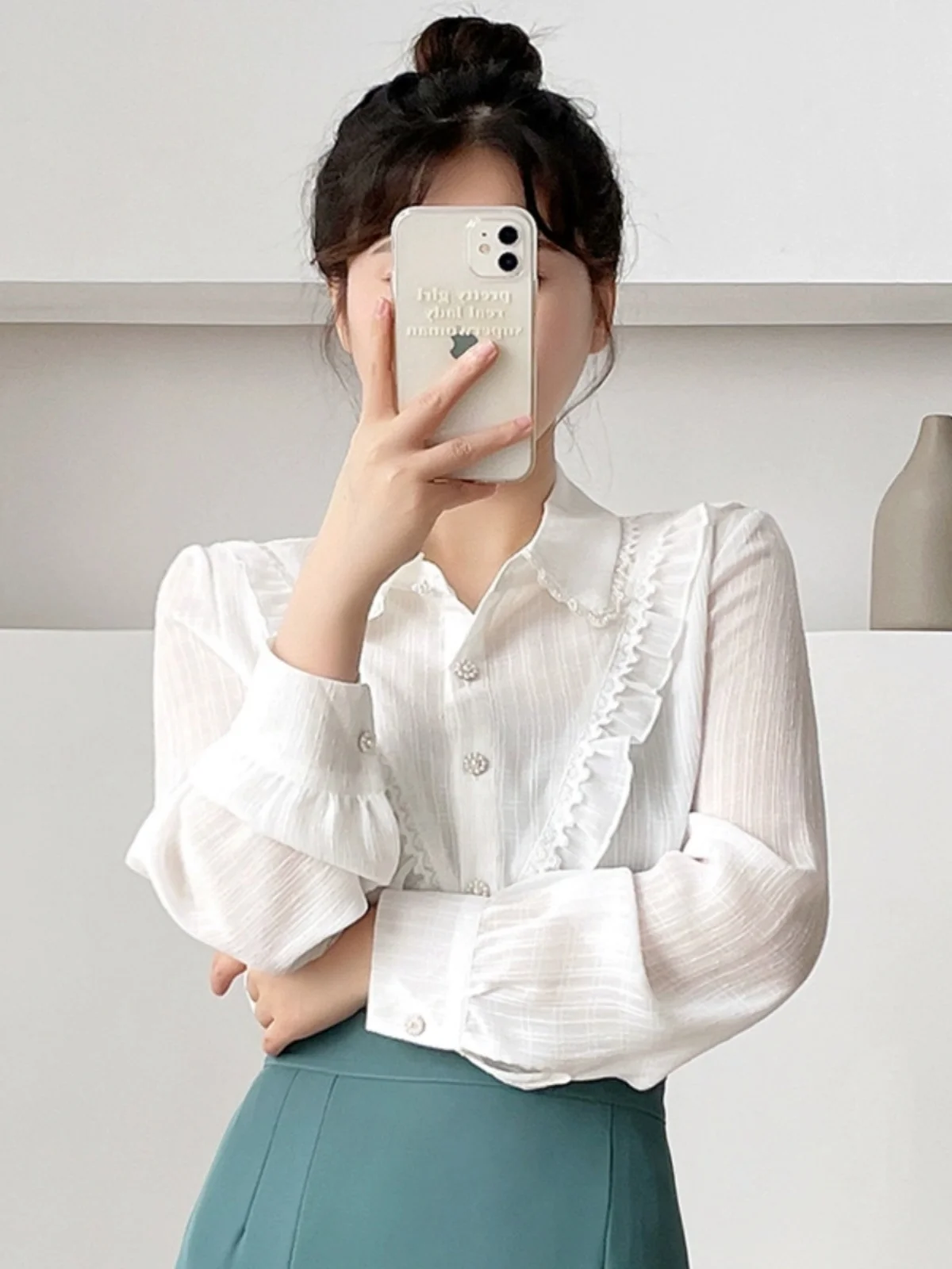 

Ele Long Sve Doll Collar Lace Underlay Chiffon irt Women's Faionable Hemline Korean Sle Straight Cut Button up