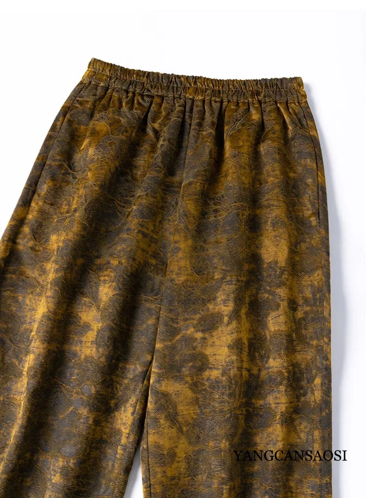 45MM Heavyweight 79% Natural Mulberry Silk Gambiered Guangdong Gauze Elastic Waist Gold Women's Fashionable Straight Leg Pants