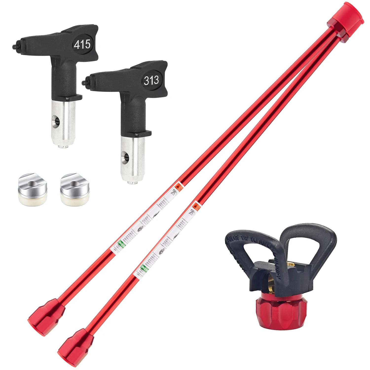 2 Airless Paint Sprayer Extension Rods (19.7inch) and 2 Reversible Nozzles (313 415) Including Gaskets and 1 Base, Spray Gun Head Extension Rod with Red Guard, Universal Replacement Tool for Airless Paint Sprayers, Suitable for Airless Paint Sprayers
