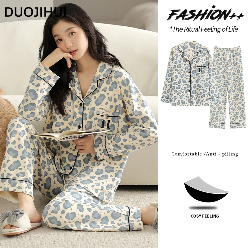 DUOJIHUI Fashion with Chest Pad Pajamas for Women Autumn New Basic Cardigan Loose Pant Simple Contrast Color Female Pajamas Set